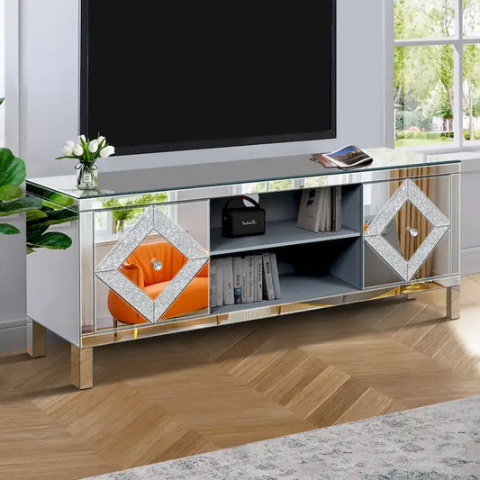 59 TV Stand with Diamond-Shaped Mirror Doors and Storage for TVs Up to 65