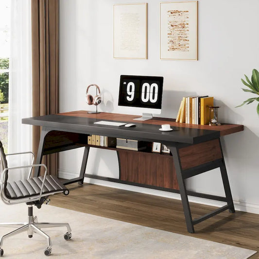 63-Inch Executive Office Desk with Storage Shelf and LED Light, Walnut & Black