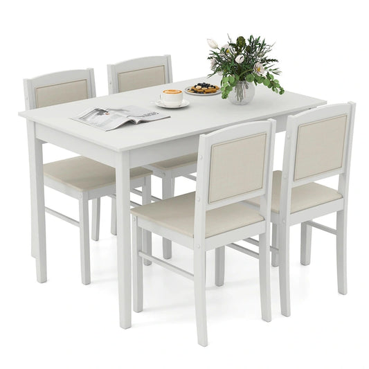 Gymax 5 PCS Dining Table Set for 4 w/Rubber Wood Legs Upholstered Seat