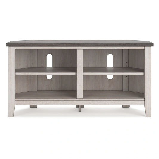 Elia Corner TV Media Console, 4 Shelves, Gray, Rustic White, 48 Inch