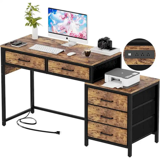 55 Computer Desk with 5 Fabric Drawers,Home Office Desk with Power Outlets Printer Stand