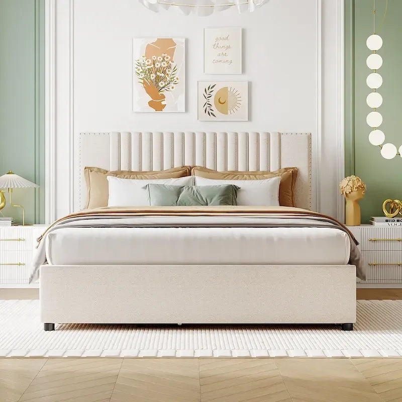 Linen Upholstered Platform Bed Vertical Lines Headboard with Nailhead Trim, Wood Panel Bed Frame 2 Drawers & Trundle Bed