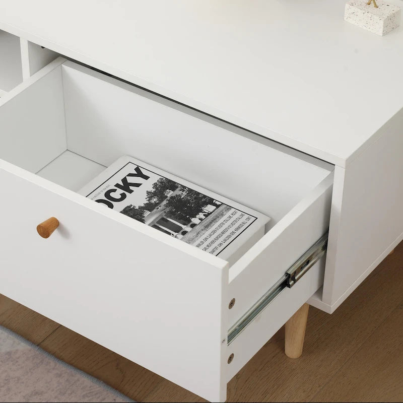 Minimalist Cream White TV Stand with 2 Storage Cabinets and 4 Solid Wood Legs for Living Room, Home Theater or Apartment