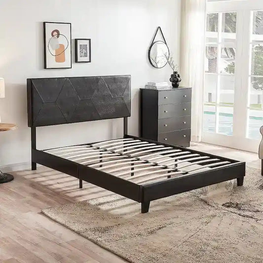 Black Pu Queen Size Upholstered Platform Bed with Slat Support
