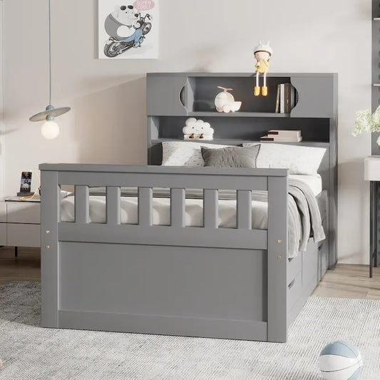 Gray Twin Size Captain Platform Bed with Four Drawers, Storage Bookcases and Shelves