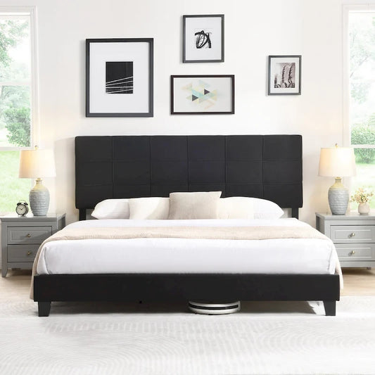 Black King Upholstered Platform Bed with Button Tufted Headboard and Wood Slats - No Box Spring Needed