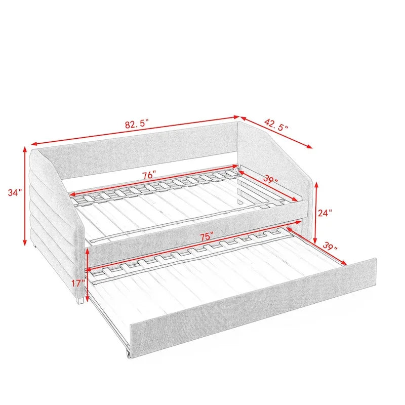 Beige Twin Linen Tufted Daybed with Trundle