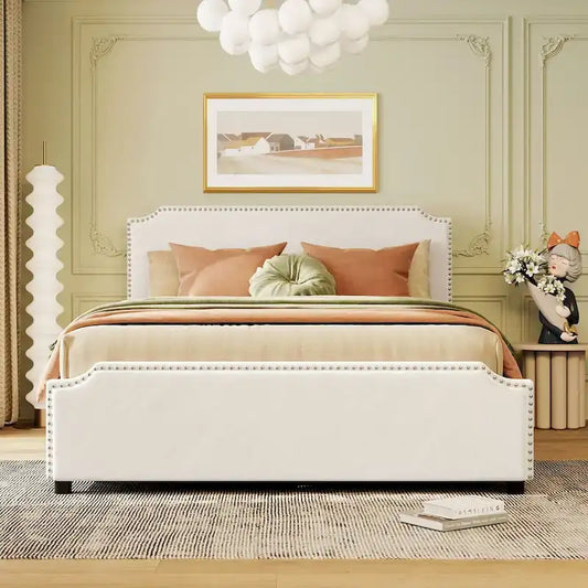 Velvet Queen Platform Bed with 4 Drawers & Nailhead Trim