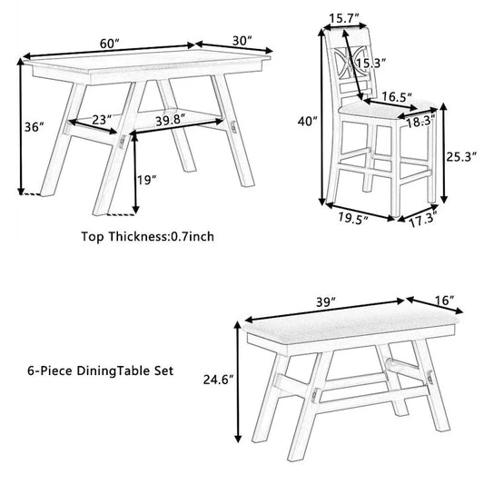 6-Piece Wood Counter Height Dining Table Set with Storage Shelf
