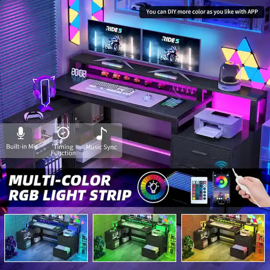 Moasis L Shaped Gaming Desk LED 65 Inch Computer Corner Desk with Monitor Stand and Storage Cabinet