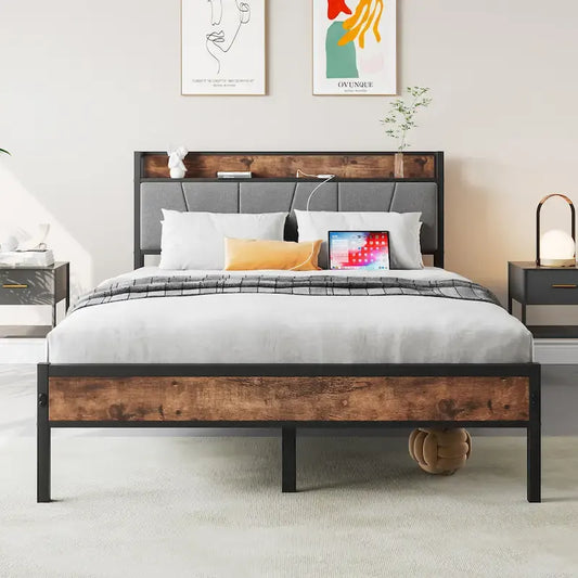 Full Size Bed Storage Headboard with Charging Station