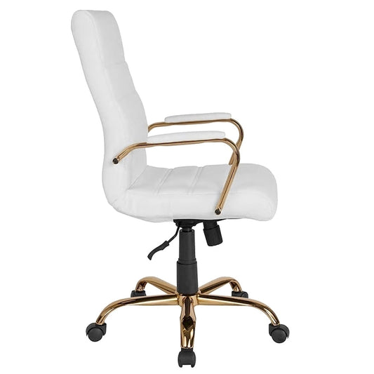 Galaxy High Back Horizontal Stitching White Leather Executive Adjustable Swivel Office Chair with Gold Frame