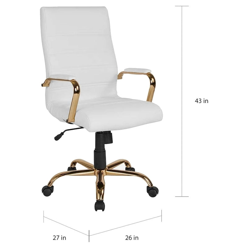 Galaxy High Back Horizontal Stitching White Leather Executive Adjustable Swivel Office Chair with Gold Frame