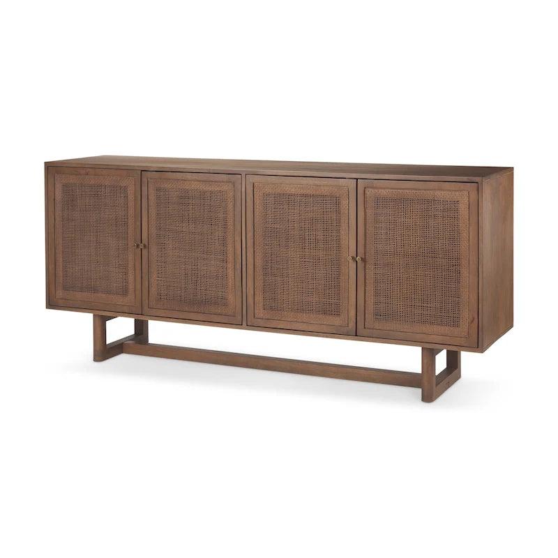 Grier Light Brown Solid Wood with Cane 4 Door Sideboard - 72.0L x 18.0W x 31.0H