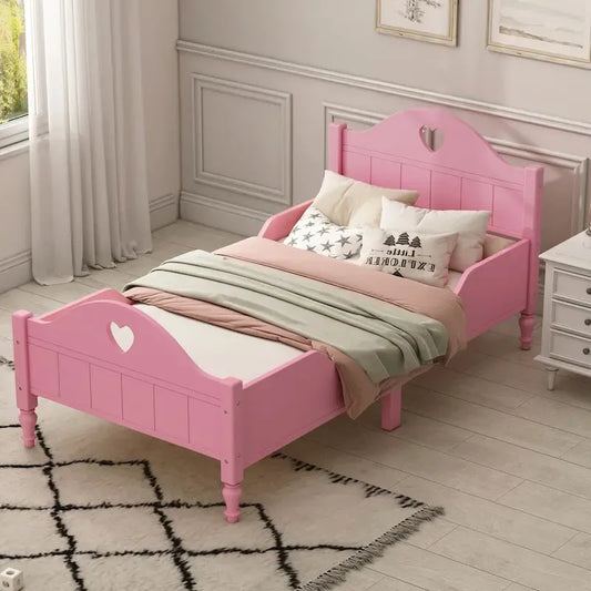 Macaron Twin Size Toddler Bed with Side Safety Rails and Headboard and Footboard,Light Pink