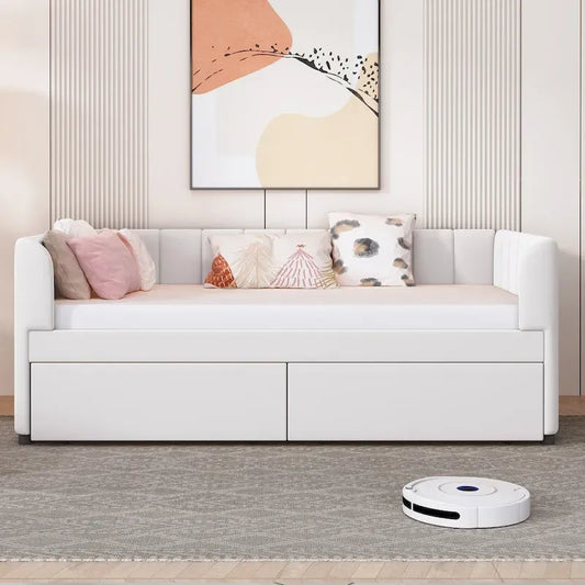 Twin Size Upholstered Daybed with Ergonomic Design Backrest and 2 Drawers