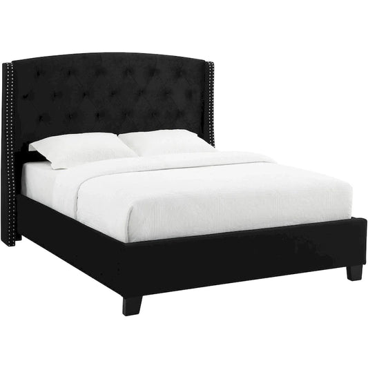 Elle Queen Size Bed, Low Profile, Black Button Tufted Upholstered Headboard