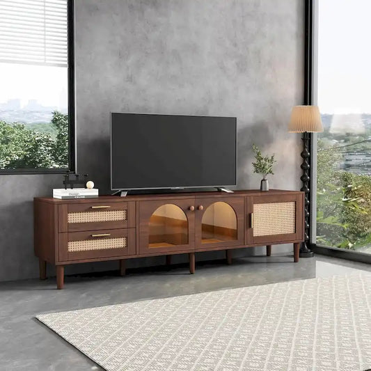 Rattan-Inspired TV Stand with Ample Storage and Easy Assembly