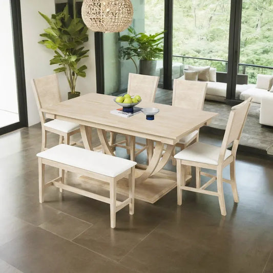 6-Piece Wood Half Round Dining Table Set Kitchen Table Set with Long Bench and 4 Dining Chairs, Modern Style