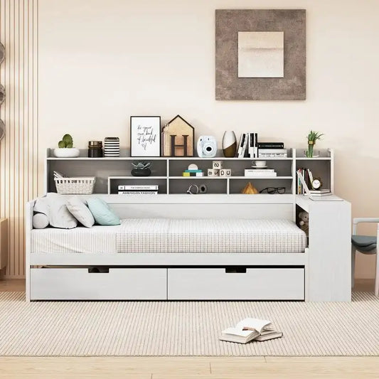 Twin Size Wooden Daybed with Storage Shelves, 2 Drawers and Study Desk