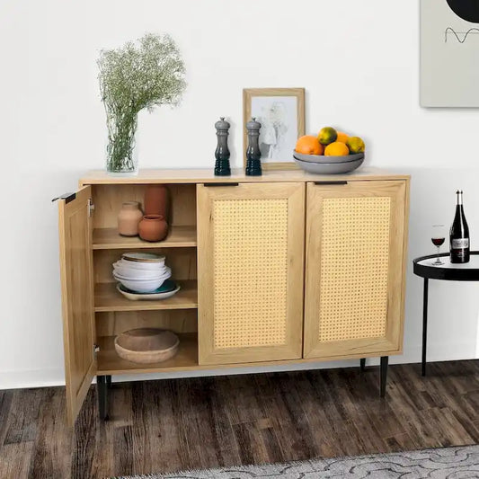 47.24 Wooden Storage Cabinet with 3 Rattan Doors and 3 Shelves