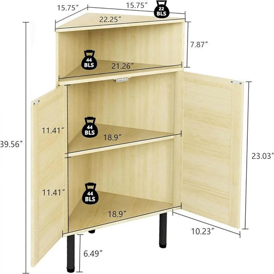 4 Tier Corner Cabinet with Doors Shelves Rattan Freestanding Bar Storage Cabinet - 22.25D x 15.75W x 39.56H