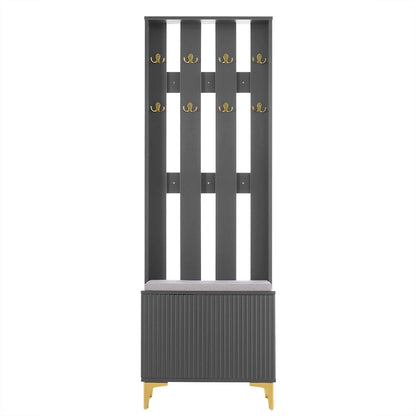 4-in-1 Hall Tree with Cushion, Coat Rack with 8 Gold Hooks and Legs, Entryway Bench with Adjustable Shelves & Fluted Doors