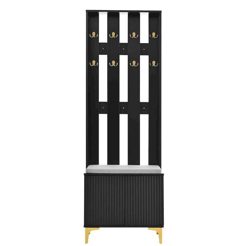 4-in-1 Hall Tree with Cushion, Coat Rack with 8 Gold Hooks and Legs, Entryway Bench with Adjustable Shelves & Fluted Doors