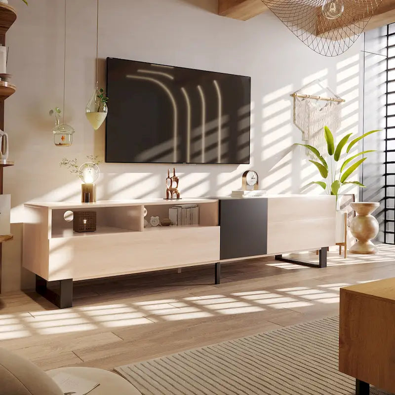 Natural+Black 70.9 TV Stand with Double Storage for 80 TVs