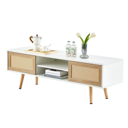 White 55.12 TV Stand with Sliding Doors, Wood Legs & Adjustable Shelf