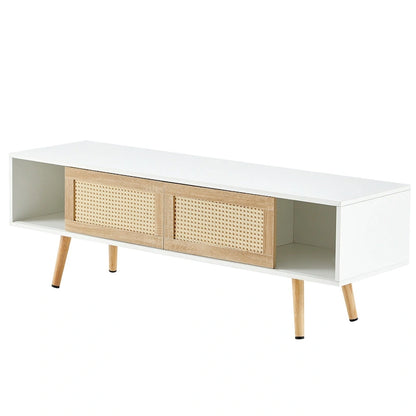 White 55.12 TV Stand with Sliding Doors, Wood Legs & Adjustable Shelf