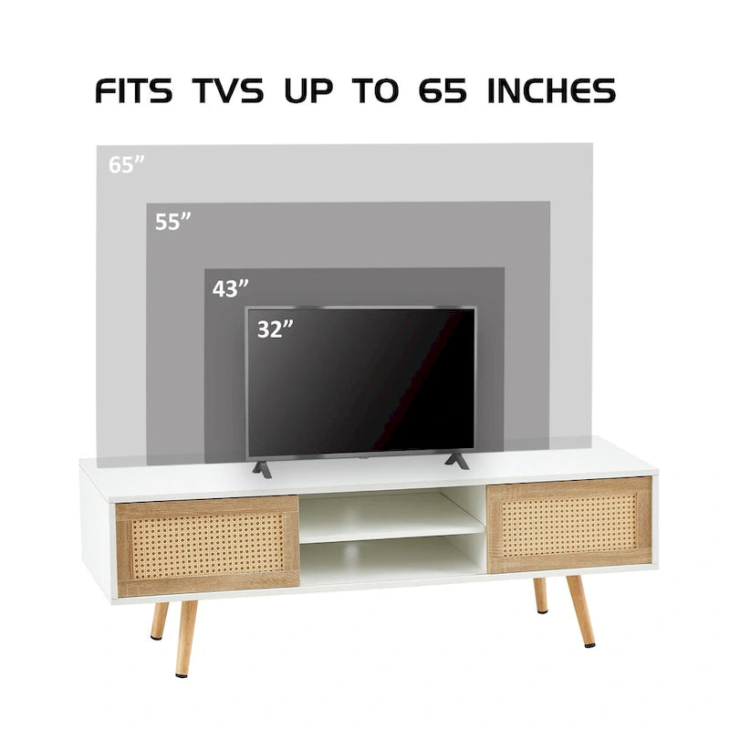 White 55.12 TV Stand with Sliding Doors, Wood Legs & Adjustable Shelf