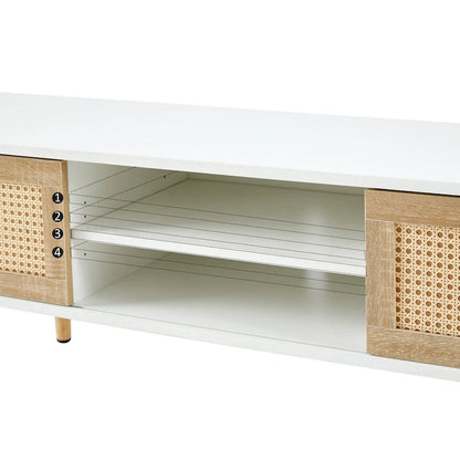 White 55.12 TV Stand with Sliding Doors, Wood Legs & Adjustable Shelf