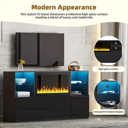 TV Stand with 34.2 Non-heating Electric Fireplace,Entertainment Center with LED Light,Tempered Glass Shelves for TVs up to 75
