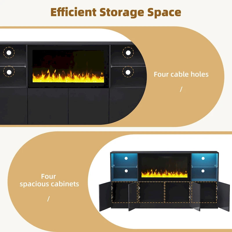 TV Stand with 34.2 Non-heating Electric Fireplace,Entertainment Center with LED Light,Tempered Glass Shelves for TVs up to 75
