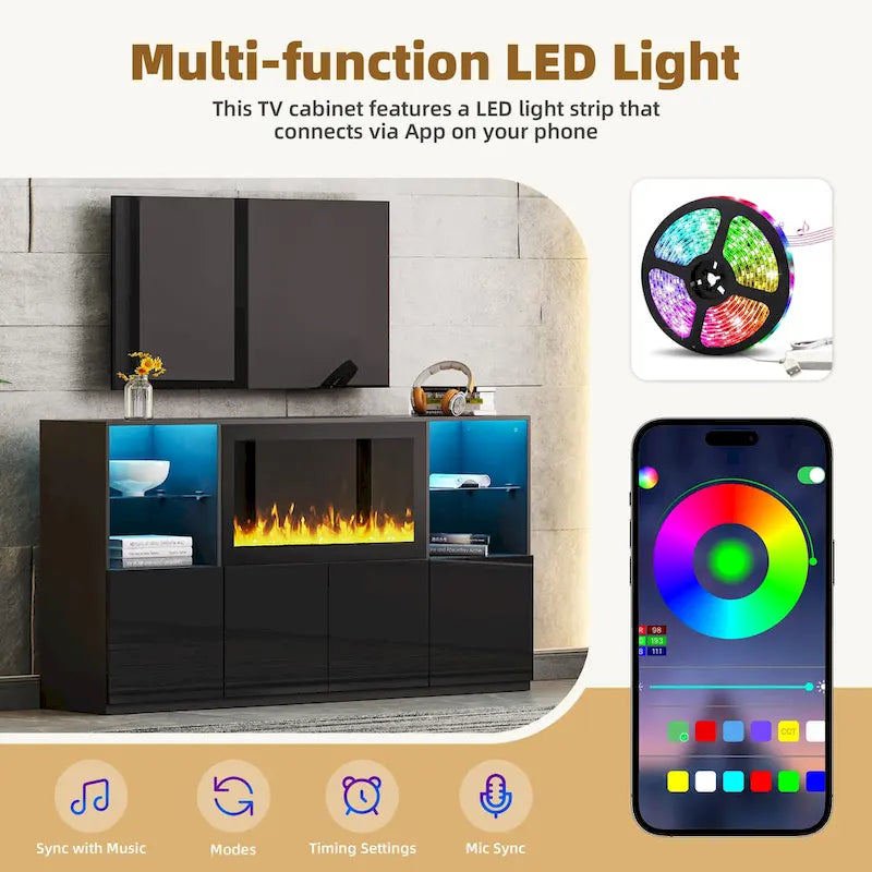 TV Stand with 34.2 Non-heating Electric Fireplace,Entertainment Center with LED Light,Tempered Glass Shelves for TVs up to 75