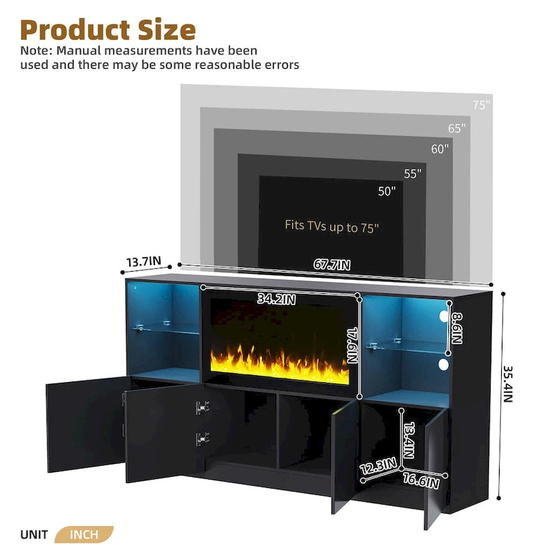 TV Stand with 34.2 Non-heating Electric Fireplace,Entertainment Center with LED Light,Tempered Glass Shelves for TVs up to 75