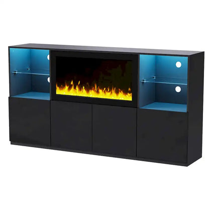 TV Stand with 34.2 Non-heating Electric Fireplace,Entertainment Center with LED Light,Tempered Glass Shelves for TVs up to 75