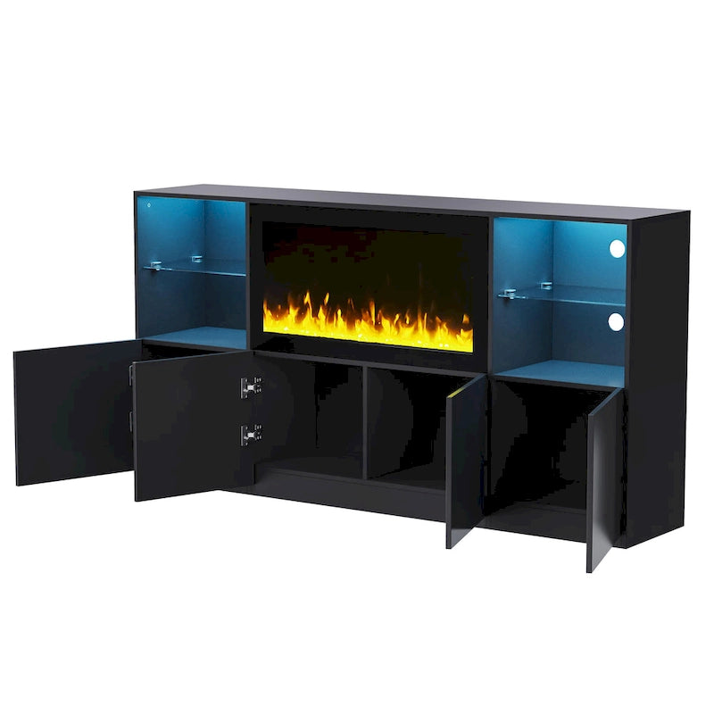 TV Stand with 34.2 Non-heating Electric Fireplace,Entertainment Center with LED Light,Tempered Glass Shelves for TVs up to 75