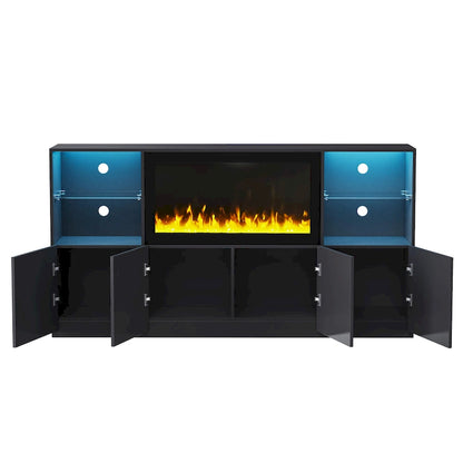 TV Stand with 34.2 Non-heating Electric Fireplace,Entertainment Center with LED Light,Tempered Glass Shelves for TVs up to 75