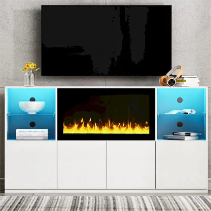TV Stand with 34.2 Non-heating Electric Fireplace,Entertainment Center with LED Light,Tempered Glass Shelves for TVs up to 75