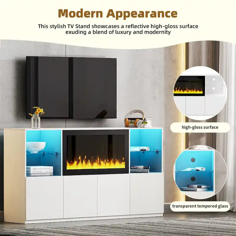 TV Stand with 34.2 Non-heating Electric Fireplace,Entertainment Center with LED Light,Tempered Glass Shelves for TVs up to 75