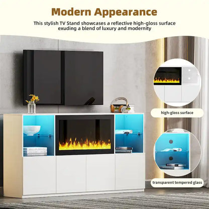 TV Stand with 34.2 Non-heating Electric Fireplace,Entertainment Center with LED Light,Tempered Glass Shelves for TVs up to 75
