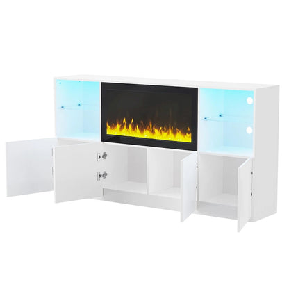 TV Stand with 34.2 Non-heating Electric Fireplace,Entertainment Center with LED Light,Tempered Glass Shelves for TVs up to 75
