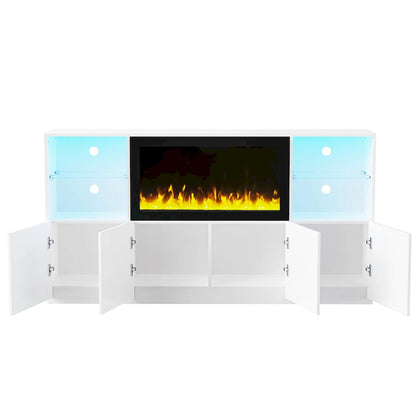 TV Stand with 34.2 Non-heating Electric Fireplace,Entertainment Center with LED Light,Tempered Glass Shelves for TVs up to 75