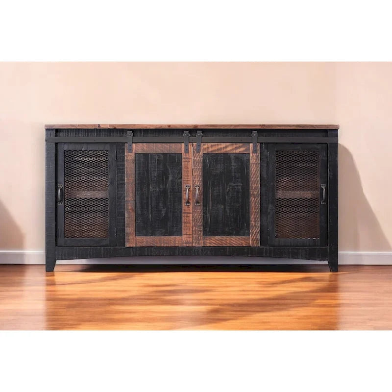 HomeRoots 68 Black Solid Wood Cabinet Enclosed Storage Distressed TV Stand - 67.75' X '34.75' X '19