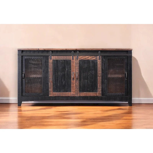 HomeRoots 68 Black Solid Wood Cabinet Enclosed Storage Distressed TV Stand - 67.75' X '34.75' X '19