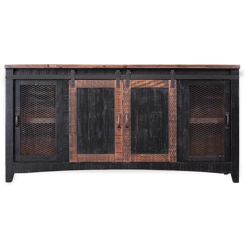 HomeRoots 68 Black Solid Wood Cabinet Enclosed Storage Distressed TV Stand - 67.75' X '34.75' X '19