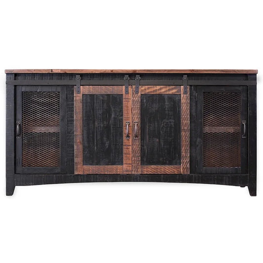 HomeRoots 68 Black Solid Wood Cabinet Enclosed Storage Distressed TV Stand - 67.75' X '34.75' X '19