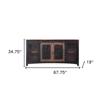 HomeRoots 68 Black Solid Wood Cabinet Enclosed Storage Distressed TV Stand - 67.75' X '34.75' X '19